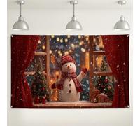 Sfondo natalizio con pupazzo di neve, scena invernale festiva con alberi e neve, accogliente sfondo fotografico per interni ed esterni, per feste e celebrazioni, 180 x 109 cm