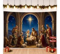 Sfondo natalizio con scena religiosa tradizionale, 200 x 150 cm | Arte religiosa tradizionale, sfondo fotografico, architettura stabile, stella di Betlemme, saggi, pastori, pecore, cammelli