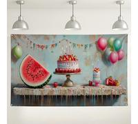 Sfondo natalizio con torta di anguria, decorazioni colorate per feste di compleanno, dessert alla fragola, sfondo fotografico per interni ed esterni, per celebrazioni, eventi estivi, 180 x 109 cm