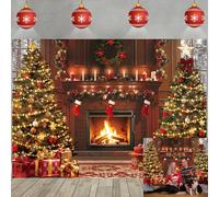 Sfondo natalizio per camino, stile vintage, con calze e albero di Natale, sfondo fotografico, per la vigilia di Natale, accogliente, per feste in famiglia, decorazioni per studio fotografico (210 x