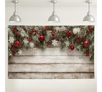 Sfondo natalizio rustico da parete in legno, pigne con bacche rosse, decorazioni per le vacanze, sfondo fotografico invernale per interni ed esterni, per feste festive, 180 x 109 cm