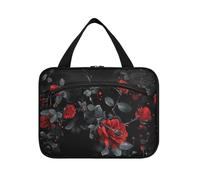 Sfondo nero con rose rosse che cadono lentamente appeso borsa da viaggio da uomo con gancio, borsa da trucco multifunzionale trapuntata di design per il trucco da viaggio per hotel bolso para