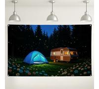 Sfondo notturno da campeggio, scena retrò della foresta con tenda e roulotte, sfondo decorativo per esterni per fotografie, forniture per feste estive e avventure estive, 180 x 109 cm