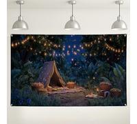 Sfondo notturno da campeggio, sfondo fotografico con tenda rustica della foresta, accoglienti decorazioni per feste all'aperto per riunioni, eventi autunnali e invernali, 180 x 109 cm