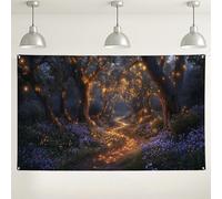 Sfondo notturno della foresta delle fate, sentiero incantato magico in stile bosco, decorazione per interni per feste autunnali o eventi di Halloween, 180 x 109 cm