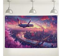 Sfondo panoramico con aeroplano e tramonto, sfondo fotografico con paesaggio con skyline della città, ideale per eventi di viaggio, celebrazioni e decorazioni per la casa, perfetto per riunioni