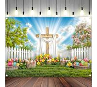 Sfondo pasquale 4,6 x 3 m, primavera Pasqua coniglio uova sfondo, chiesa croce sfondo primavera fiore verde erba felice festa di Pasqua decorazione ritratto foto stand puntelli
