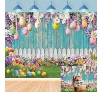 Sfondo pasquale da parete in legno blu con uova colorate con erba floreale, recinto, giardino primaverile, sfondo fotografico per bambini, baby shower, feste, compleanno, striscione per cabina