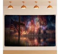 Sfondo patriottico con bandiera americana, decorazione rustica vintage per fede, tramonto sul lago, sfondo fuochi d'artificio per fotografia, giorno dell'indipendenza, eventi, 180 x 109 cm