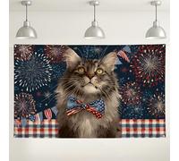 Sfondo patriottico da parete con gatto, fuochi d'artificio e decorazioni per feste, sfondo blu rosso per interni ed esterni, per celebrazioni del giorno dell'indipendenza, 180 x 109 cm