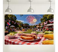 Sfondo patriottico per feste con barbecue, decorazioni per la tavola a scacchi rossi, bianchi e blu, sfondo per feste estive all'aperto, per fotografie, forniture festive per il giorno