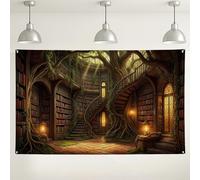 Sfondo per biblioteca della foresta incantata, decorazione vintage fantasy per eventi, accogliente sfondo fotografico verde scuro per feste, forniture per riunioni autunnali, 180 x 109 cm