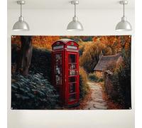 Sfondo per cabina telefonica vintage con foresta autunnale, accogliente sentiero nel bosco, decorazione per eventi stagionali autunnali, ideale per feste al chiuso o all'aperto, 180 x 109 cm