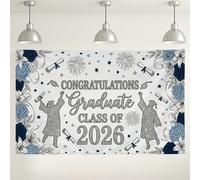 Sfondo per celebrazione della laurea, decorazioni floreali blu eleganti per feste, sfondo fotografico classe 2026 per eventi interni ed esterni, 180 x 109 cm