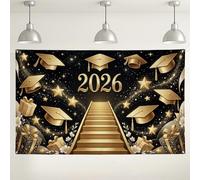 Sfondo per celebrazione della laurea, elegante cappello dorato con stelle, sfondo nero per foto per feste di laurea 2026, 180 x 109 cm