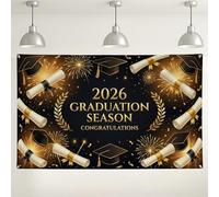 Sfondo per celebrazione della laurea, eleganti decorazioni per feste in nero e oro, design con cappello festivo e diploma, per fotografia interna/esterna, forniture per la stagione di laurea, 180 x