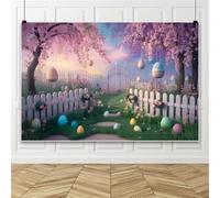 Sfondo per decorazioni pasquali, sfondo con uova di Pasqua e recinto con fiori del cielo rosa e viola, sfondo per feste di pasquale 220x150cm Vinyle