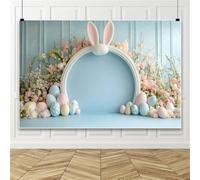 Sfondo per decorazioni pasquali, sfondo fotografico con coniglietto e uova di Pasqua blu, sfondo per feste di pasqua 300x200cm Vinyle