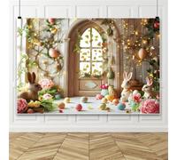 Sfondo per decorazioni pasquali, uova di Pasqua coniglietto porta di legno sfondo fotografico, sfondo per festa di pasquale 220x150cm Vinyle