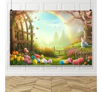 Sfondo per decorazioni pasquali, uova di Pasqua e coniglietto Tulipano Arcobaleno Farfalla Sfondo fotografico, sfondo per festa di pasqua 150x100cm Vinyle
