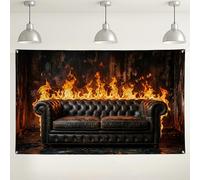 Sfondo per divano in pelle e fuoco, decorazione da parete rustica vintage con fiamme, accogliente sfondo fotografico per interni ed esterni, per eventi e feste, 180 x 109 cm
