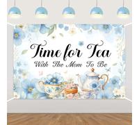 Sfondo per festa del tè per baby shower, tema: il tè con la mamma e la mamma per essere, sfondo blu vintage, sfondo fotografico per baby shower, annuncio di gravidanza, rivelazione di genere, 1,5 x