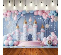 Sfondo per festa di compleanno con tema "Castello da Sogno e Fiaba", con palloncini rosa e arcobaleni pastello, decorazioni per festa da principessa, banner fotografici a tema fantasy adatti per feste
