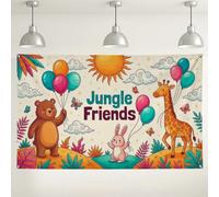 Sfondo per feste con amici della giungla, decorazioni colorate a tema animali, design fantasioso per feste di compleanno, sfondo divertente per eventi per bambini, 180 x 109 cm