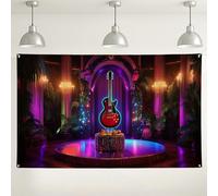 Sfondo per feste con chitarra al neon, sfondo colorato retrò per fotografia musicale, decorazioni vivaci per eventi, celebrazioni festive, 180 x 109 cm