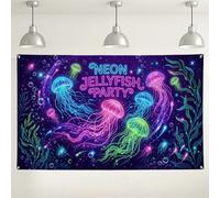 Sfondo per feste con meduse al neon, decorazioni colorate con scena subacquea dell'oceano, vibranti forniture per feste per fotografie, celebrazione estiva sulla spiaggia, 180 x 109 cm