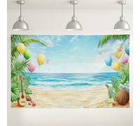 Sfondo per feste con spiaggia e oceano, decorazioni tropicali estive, divertenti palloncini colorati e chitarra, sfondo fotografico per feste di compleanno, 180 x 109 cm