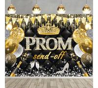 Sfondo per feste di laurea con scritta in lingua inglese "Send Off", sfondo nero e oro per feste di laurea, decorazioni per cabina fotografica (oro, 210 x 150 cm)