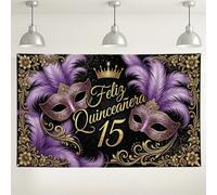 Sfondo per feste in maschera, elegante design viola dorato con piume, decorazioni per feste di compleanno, sfondo fotografico per interni ed esterni, per eventi, 180 x 109 cm