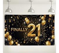 Sfondo per il 21° compleanno oro e nero, eleganti decorazioni per feste con palline e stelle che galleggiano ad aria, perfetto per feste interne/esterne 180 x 109 cm