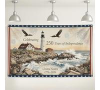 Sfondo per il giorno dell'indipendenza del faro, design vintage con paesaggio costiero, sfondo rosso blu beige per celebrazioni per eventi patriottici, decorazione estiva, 180 x 109 cm