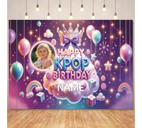 Sfondo personalizzabile con foto e nome, stile chic idol, tema con corona glitterata viola e decorazione stellare, adatto per feste di compleanno, eventi sul palco, sfondo e servizi fotografici, reali