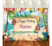 Sfondo personalizzabile con nome a tema hawaiano per compleanno, sfondo mare turchese e spiaggia con palme, fiori di ibisco, maschere tiki, design decorativo con ukulele, adatto per festa di compleann