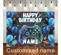 Sfondo personalizzabile con nome, controller da gioco sci-fi, palloncini blu e neri per compleanno, texture di tessuto, muro di mattoni scuro, adatto per decorazione domestica, regalo di compleanno, c