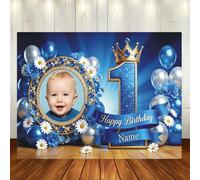 Sfondo personalizzabile con nome palloncino blu Buon Compleanno, decorazione con margherita bianca corona d'oro e gemma blu, sfondo personalizzato per compleanno, festa di nascità e festa, banner foto