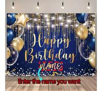 Sfondo personalizzabile con tema nome e compleanno, inclusa scenografia per photo booth con palloncini blu navy e oro di lusso, sfondo con design personalizzato con nome personalizzato, estetica da fe