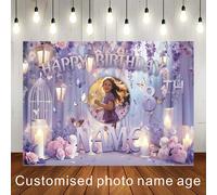 Sfondo personalizzabile per compleanno con foto, nome, età, farfalla dei sogni, fiori viola, include gabbia per uccelli bianca, candele, rose rosa & bianche, sfondo fotografico, decorazione in vinile,