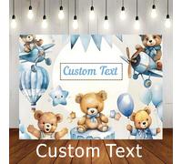 Sfondo personalizzato con design di testo, orso aviatore blu, stelle blu, mongolfiera e bandiera, design di orsetto peluche carino, adatto per compleanni e fotografia di ritratti, materiale in vinile,