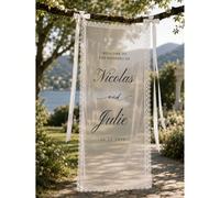 Sfondo personalizzato per la firma degli ospiti del matrimonio, testo con i nomi della sposa e dello sposo, design romantico con fiore e fiocco, messaggio dei voti, accessori fotografici per matrimoni
