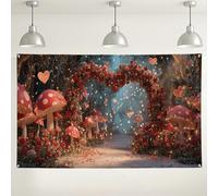 Sfondo romantico da giardino a forma di fungo, decorazioni per feste con fantasia floreale a cuore, sfondo fotografico incantato per matrimoni, eventi di San Valentino, 180 x 109 cm