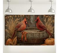 Sfondo rosso con uccelli cardinali, decorazione rustica autunnale, raccolta autunnale, sfondo fotografico per feste del Ringraziamento, 180 x 109 cm