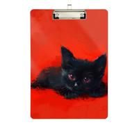 Sfondo rosso con un gattino nero del fumetto sdraiato su di esso film clipboard plastica per allenatori di softball Appunti Insegnante Dimensioni 9 x 12