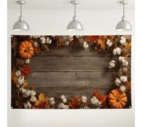Sfondo rustico autunnale con zucca, foglie autunnali e decorazioni floreali in cotone per feste del Ringraziamento, accogliente sfondo fotografico per interni ed esterni, 180 x 109 cm