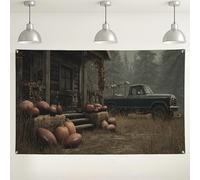 Sfondo rustico autunnale, decorazione vintage con zucca e camion per celebrazioni autunnali, accogliente sfondo fotografico per interni ed esterni, per feste di raccolta, 180 x 109 cm