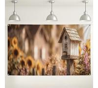 Sfondo rustico con casetta per uccelli, decorazioni floreali vintage per feste, sfondo fotografico ispirato alla natura, per eventi primaverili, 180 x 109 cm