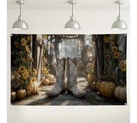 Sfondo rustico con stivali da cowboy, decorazione floreale vintage con girasole per feste, raccolta autunnale, sfondo fotografico per celebrazioni autunnali, 180 x 109 cm